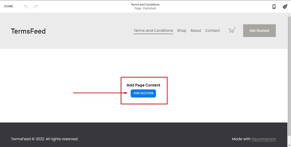 TermsFeed Squarespace: Website Pages - Terms and Conditions with Add Page Content and Add Section button highlighted