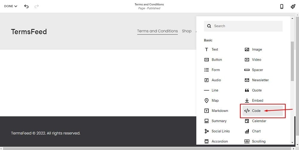 TermsFeed Squarespace: Website Pages - Terms and Conditions - Add Section - Code highlighted