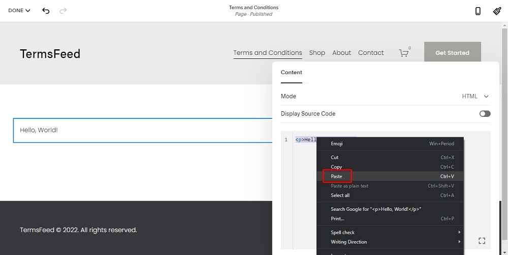 TermsFeed Squarespace: Website Pages - Terms and Conditions - Add Section - Code - Paste option highlighted