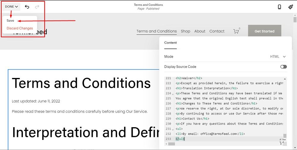 TermsFeed Squarespace: Website Pages - Terms and Conditions - Code added with Done and Save option highlighted