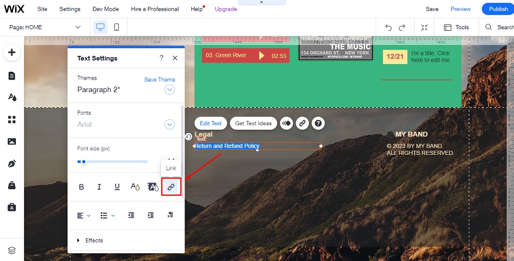 TermsFeed Wix Editor: Add to Site - Text Settings - Return and Refund Policy to Link highlighted