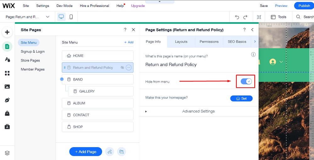 TermsFeed Wix Editor: Return and Refund Policy page - Settings - Hide menu toggled - highlighted