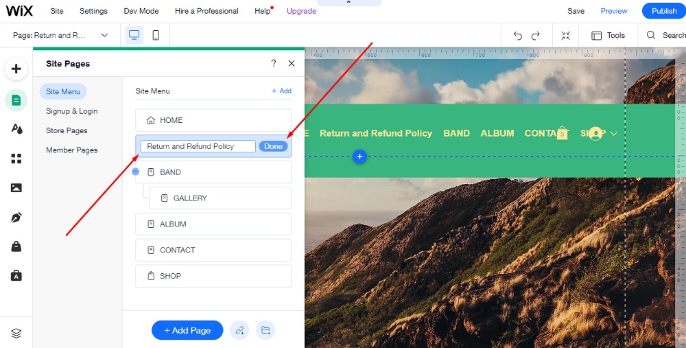 TermsFeed Wix Editor: Site Pages - Site Menu - Add return and Refund Policy page and Done button highlighted
