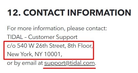 Tidal Privacy Policy: Contact Information clause
