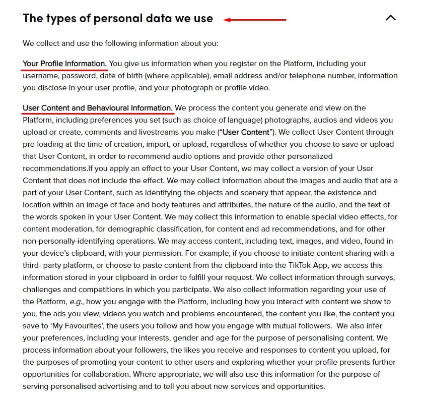 TikTok Privacy Policy: The types of personal data we use clause