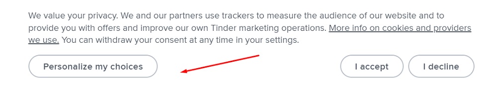 Tinder cookie consent and trackers notice