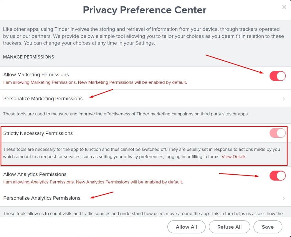 Tinder Privacy Preference Center