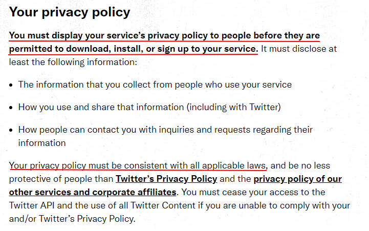 Twitter Developer Policy: Your Privacy Policy clause