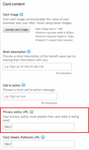 Twitter Lead Generation Card information fields with Privacy Policy URL highlighted