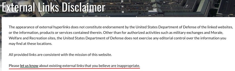 US Department of Defense: External Links Disclaimer