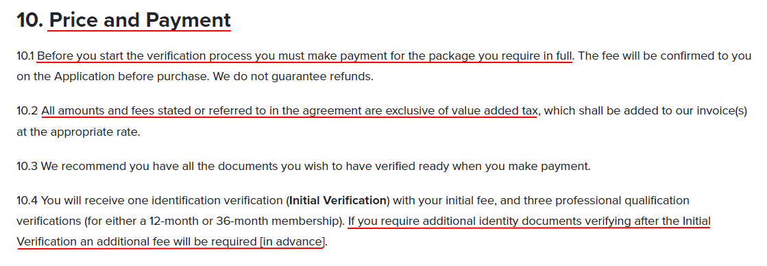 V Site Pass Terms of Service: Price and Payment clause