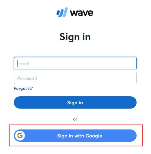 Wave sign-in form with Google sign in button highlighted