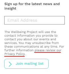 The Wellbeing Project mailing list sign up form with Privacy Policy highlighted