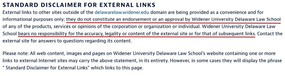 Widener University Delaware Law School Standard Disclaimer for External Links