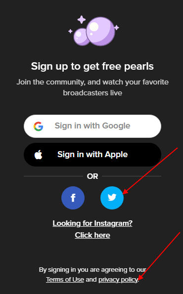 YouNow Sign in screen with Twitter and Privacy Policy URL highlighted