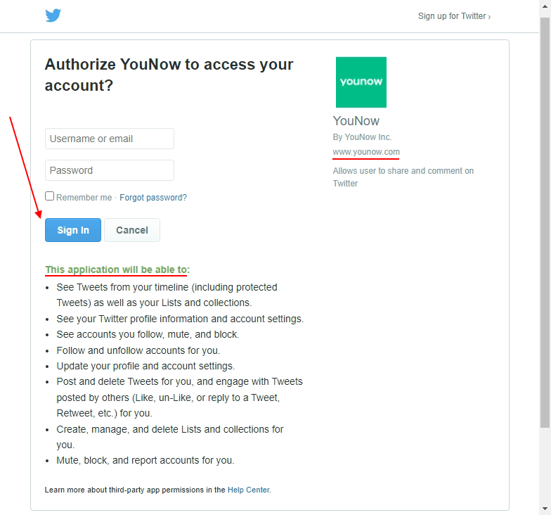 YouNow Twitter sign in Authorize screen