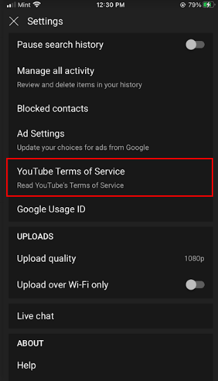 YouTube Settings menu with Terms of Service highlighted
