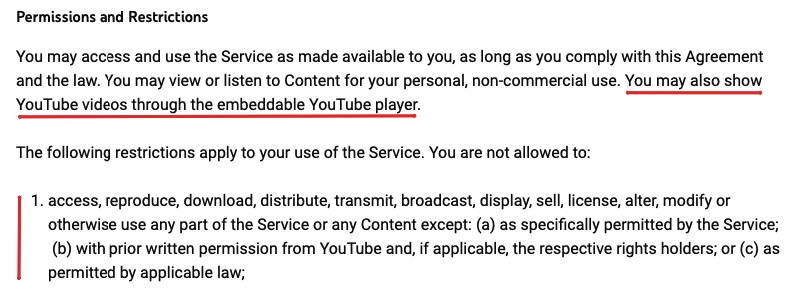 YouTube Terms of Service: Permissions and Restrictions clause: Access, reproduce, download, distribute, display limitations section highlighted