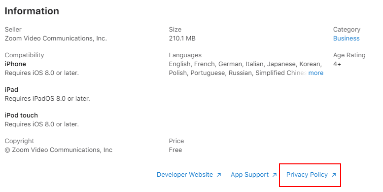 Zoom Apple App Store listing with Privacy Policy URL highlighted