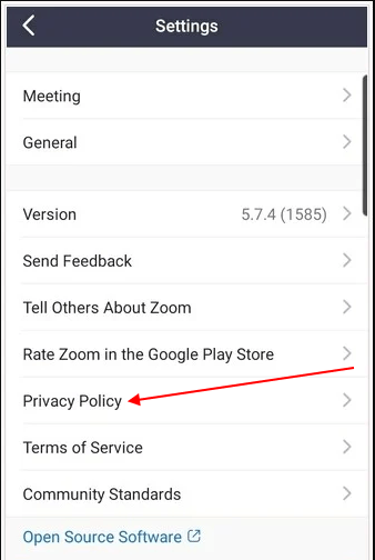 Zoom mobile app Settings menu with Privacy Policy URL highlighted