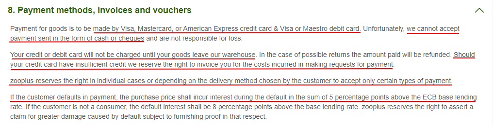 Zooplus Terms and Conditions: Payment Methods Invoices and Vouchers clause