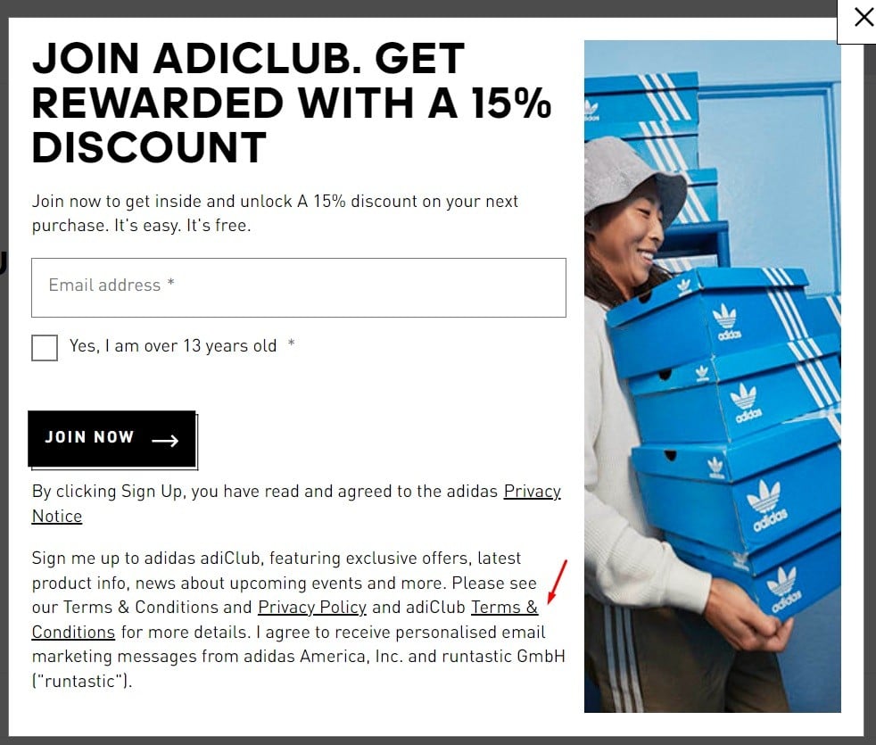 Adidas Rewards Club sign-up form with Terms and Conditions URL highlighted