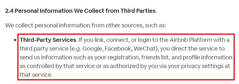 Airbnb Privacy Policy: Personal information We Collect from Third Parties clause - Third-Party Services section
