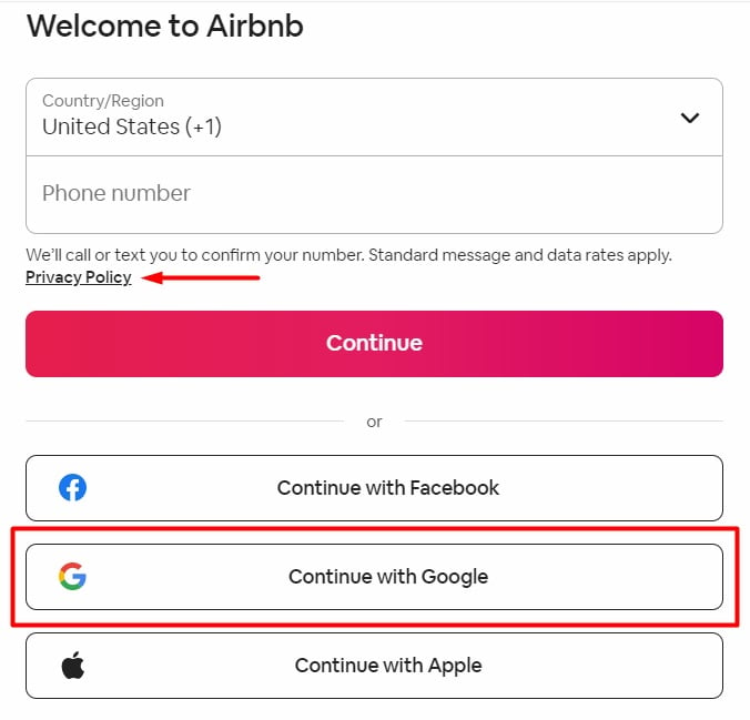 Airbnb sign-in page with Continue with Google button and Privacy Policy highlighted