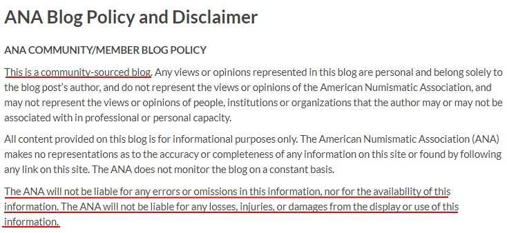 American Numismatic Association Blog Policy and Disclaimer: Liability section