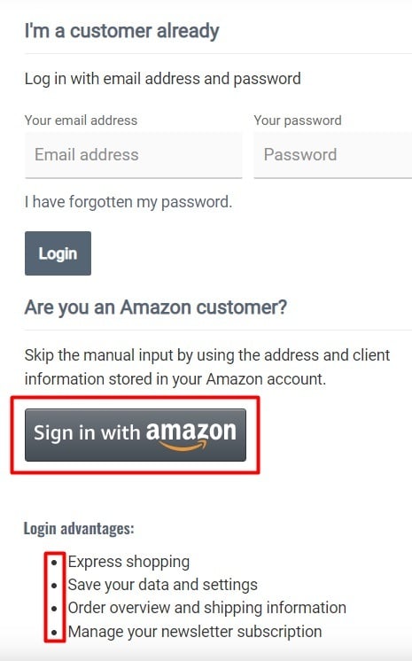 Aoyue login page with Sign in with Amazon button and login advantages highlighted