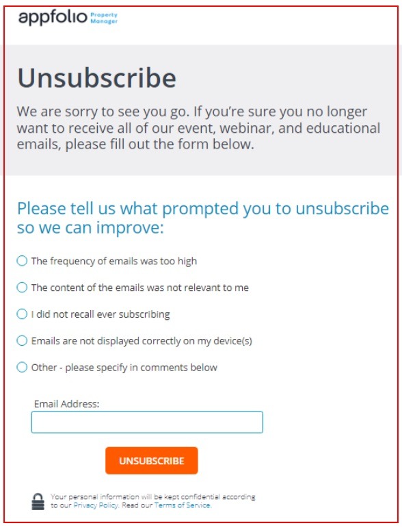 Appfolio email unsubscribe form