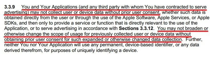 Apple Developer Program License Agreement: No collecting user data without consent section