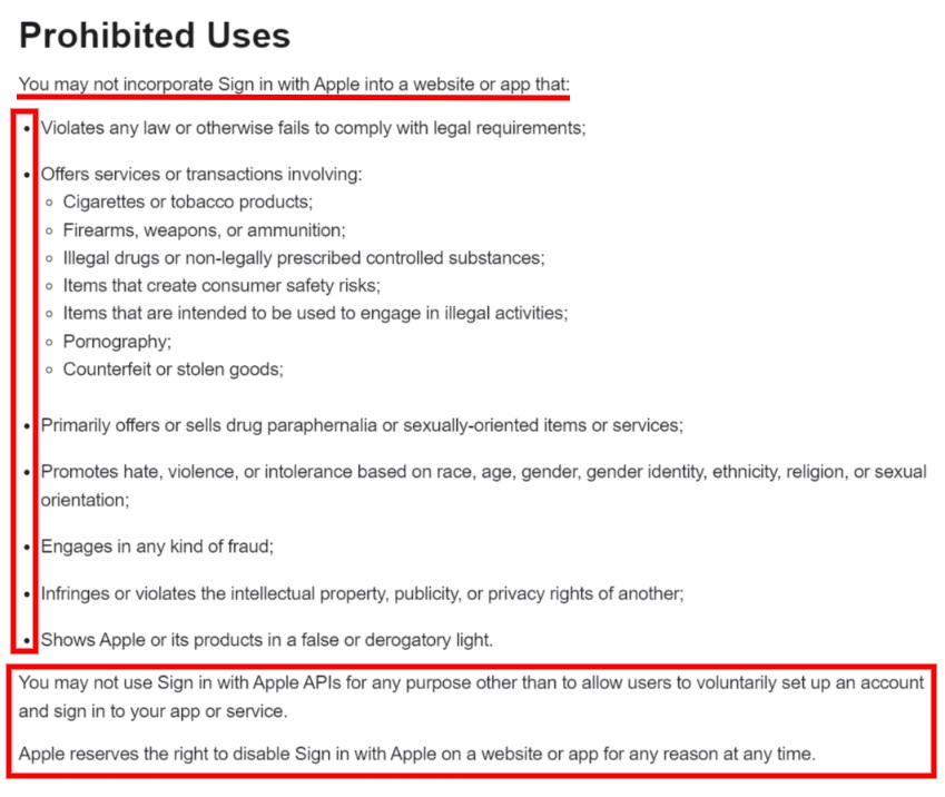 Apple Usage Guidelines for Websites and Other Platforms: Prohibited Uses section