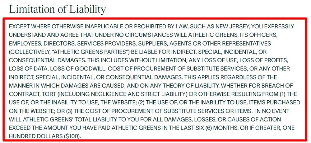 Athletic Greens Terms and Conditions: Limitation of Liability clause