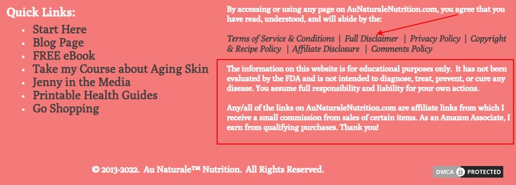 Au Naturale Nutrition website footer with Disclaimer text and Full Disclaimer link highlighted