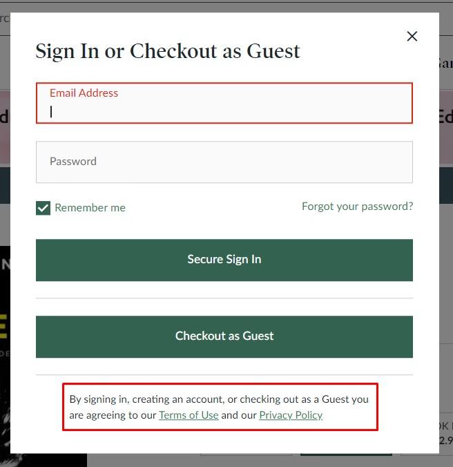Barnes and Noble sign-in form: Agree to Terms of Use and Privacy Policy with URLs highlighted