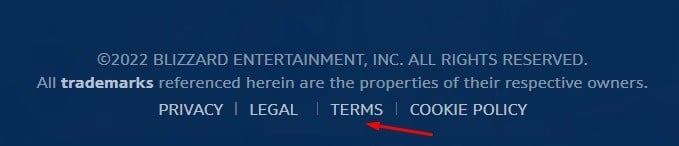 Blizzard website footer with Terms URL highlighted