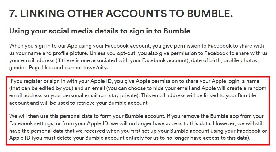 Bumble Privacy Policy: Linking other accounts to Bumble clause - Social media sign-in section