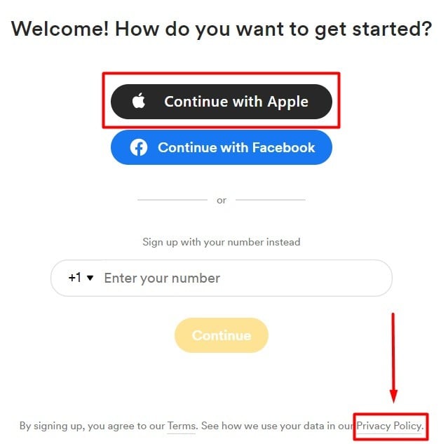 Bumble sign-up page with Continue with Apple button and Privacy Policy link highlighted