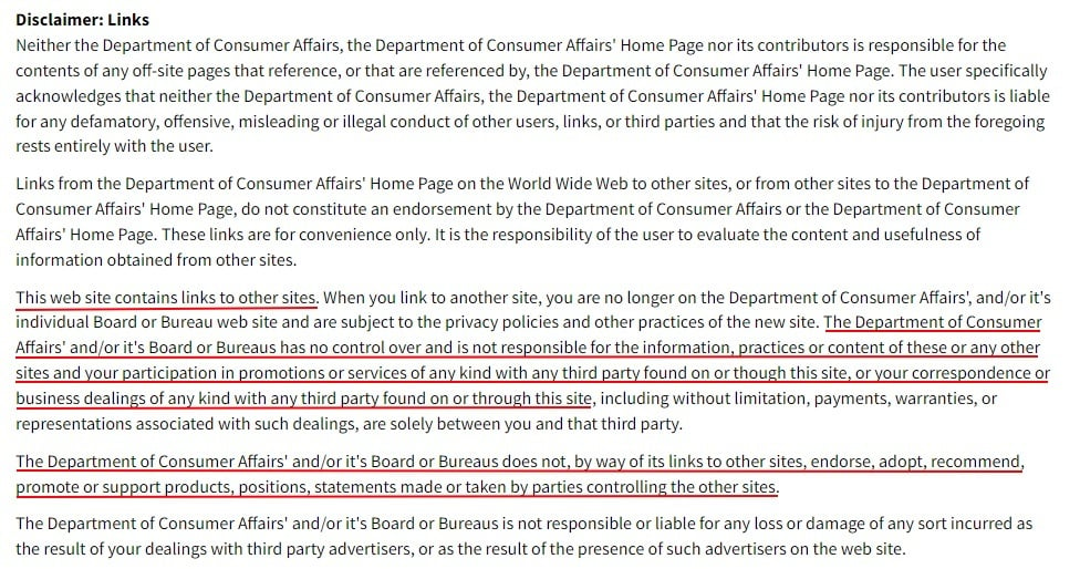 CA Department of Consumer Affairs Links Disclaimer