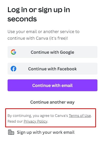 Canva sign-up page with Agree to Terms of Use and Privacy Policy URLs highlighted