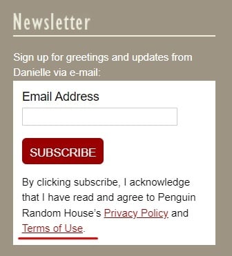 Danielle Steel newsletter subscribe form with Terms of Use URL highlighted