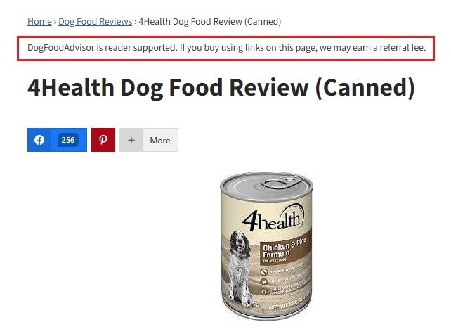 DogFoodAdvisor dog food review with affiliate disclaimer highlighted