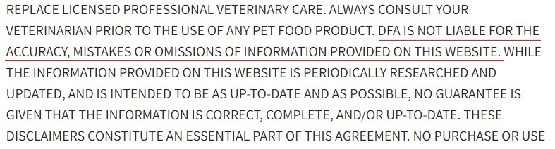 DogFoodAdvisor Terms of Use: Errors and omissions disclaimer
