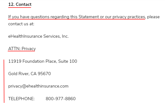 eHealthInsurance Privacy Policy: Contact clause - Updated