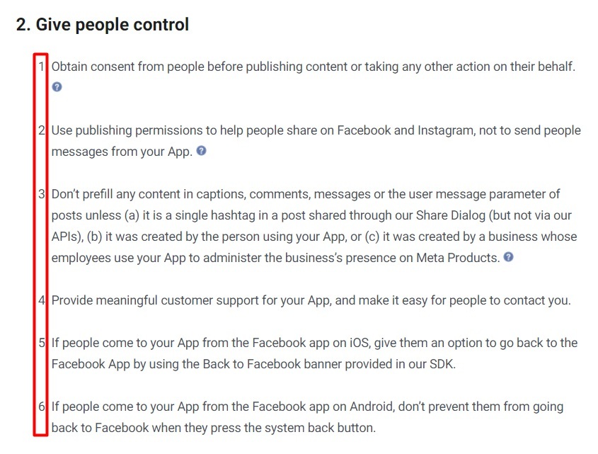 Facebook Developer Policies: Give people control clause