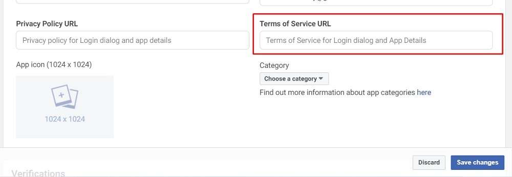 Facebook Developers dashboard with add Terms of Service URL field highlighted