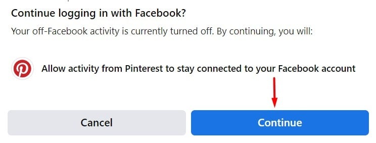 Facebook log in to Pinterest page