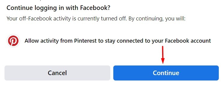 Facebook log in to Pinterest page