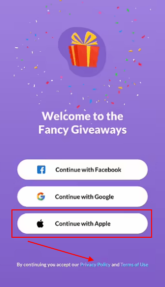 Fancy Giveaways iOS app with Continue with Apple button and Privacy Policy link highlighted